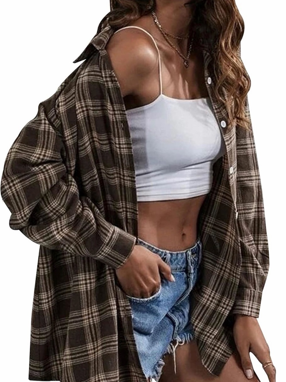 Plaid Button-Front Shirt Jacket in Brown size Medium Worn Once Like New Fall